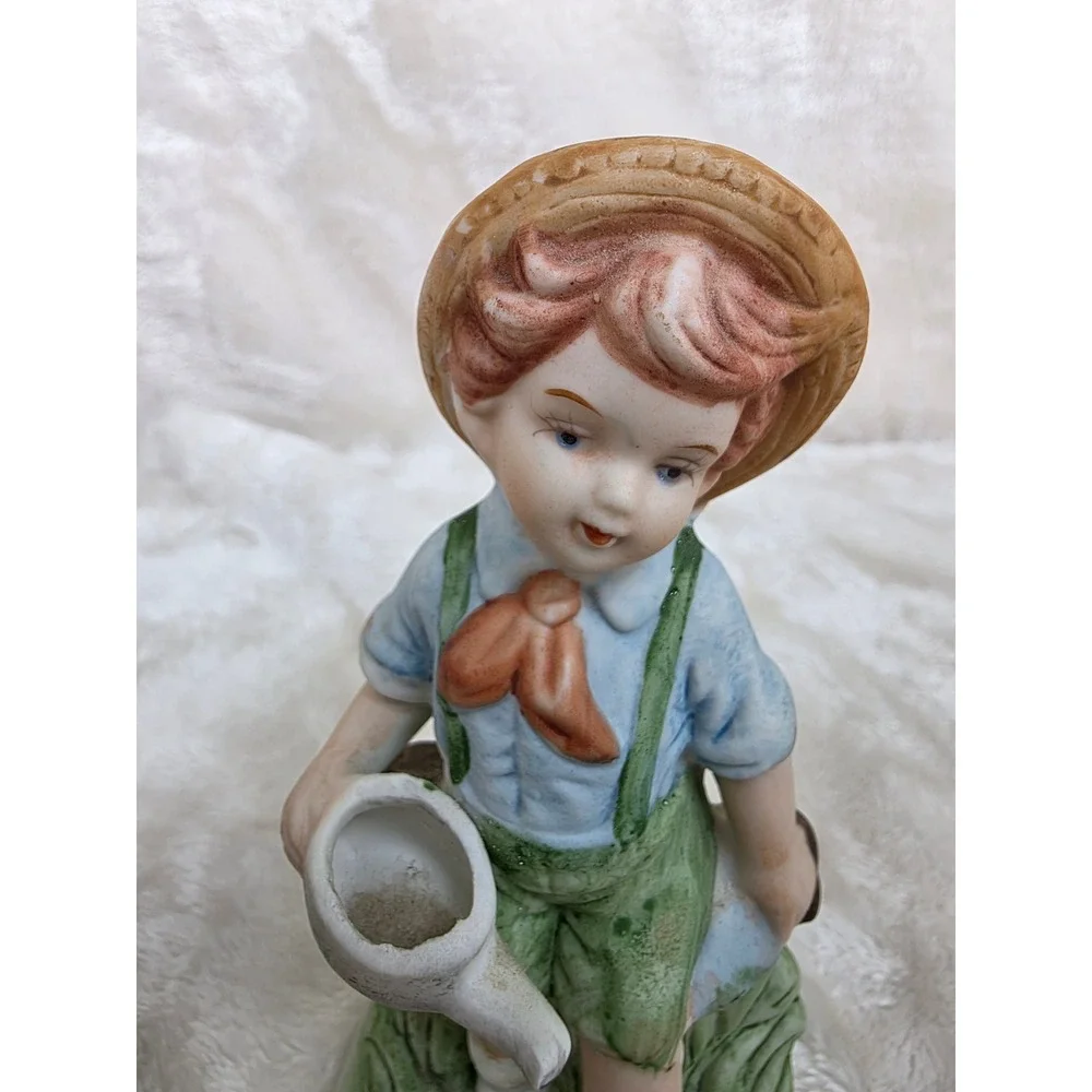 Vintage Bisque Porcelain Figurines‎ Boy Girl Garden Watering Can Flowers